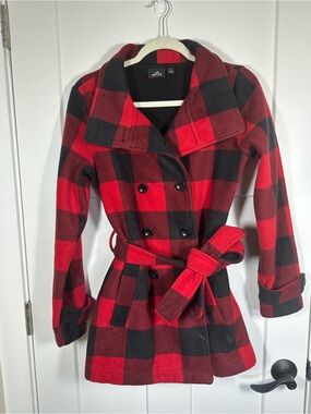 Ike Behar Red and Black Plaid Trench Coat 052